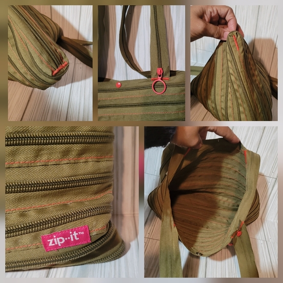 Zip It Medium Zippered Tote Bag Olive Green/Tan & Orange Zipper - Picture 3 of 3